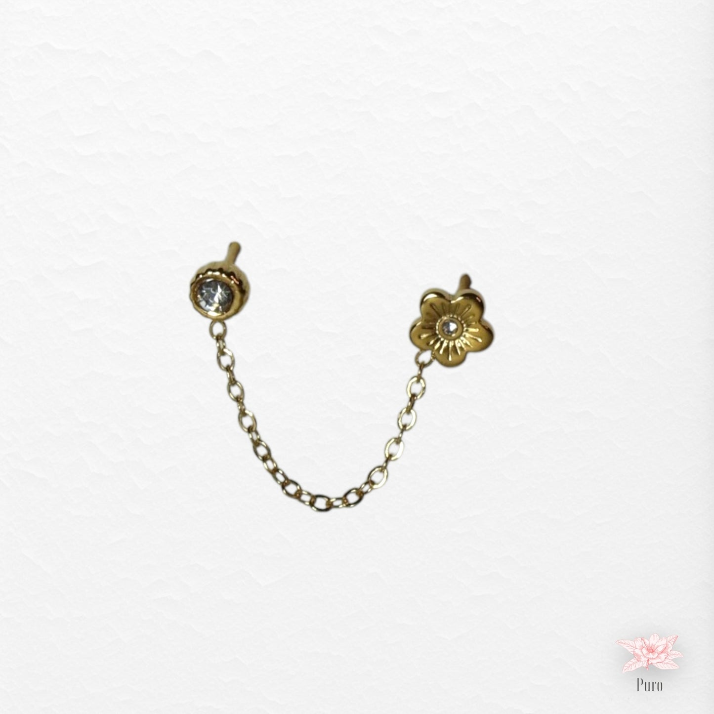 Brinco Duplo Dourado com Flor e Zircônia