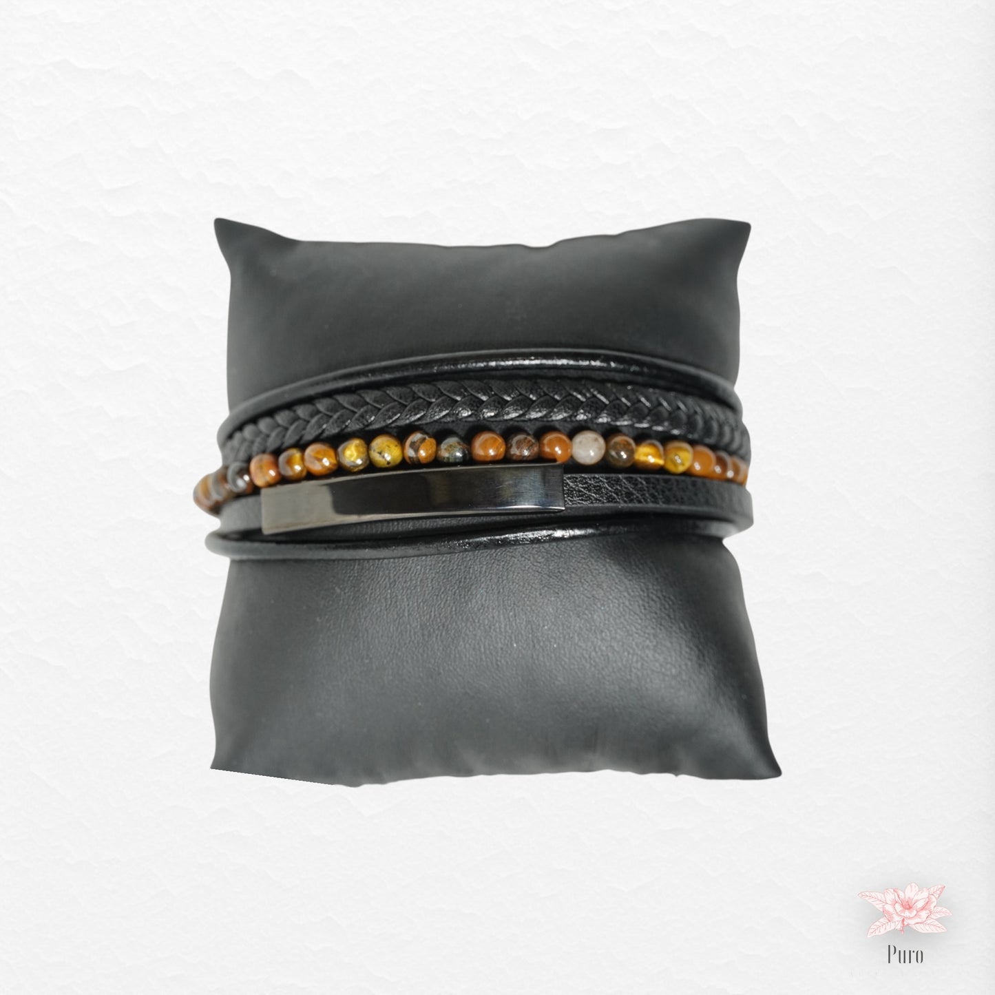 Pulseira em Couro e Pedras Olho de Tigre Tipo 1