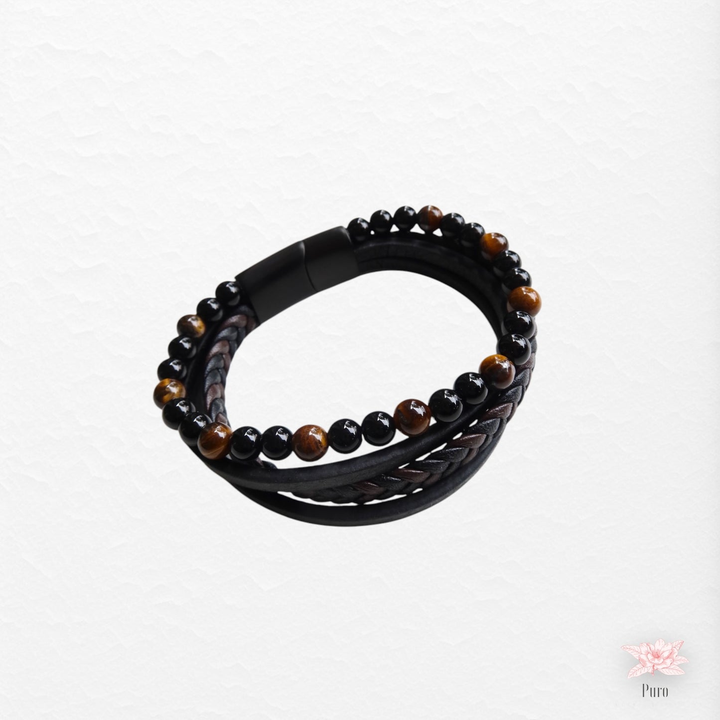Pulseira em Couro e Pedras Olho de Tigre Tipo 2