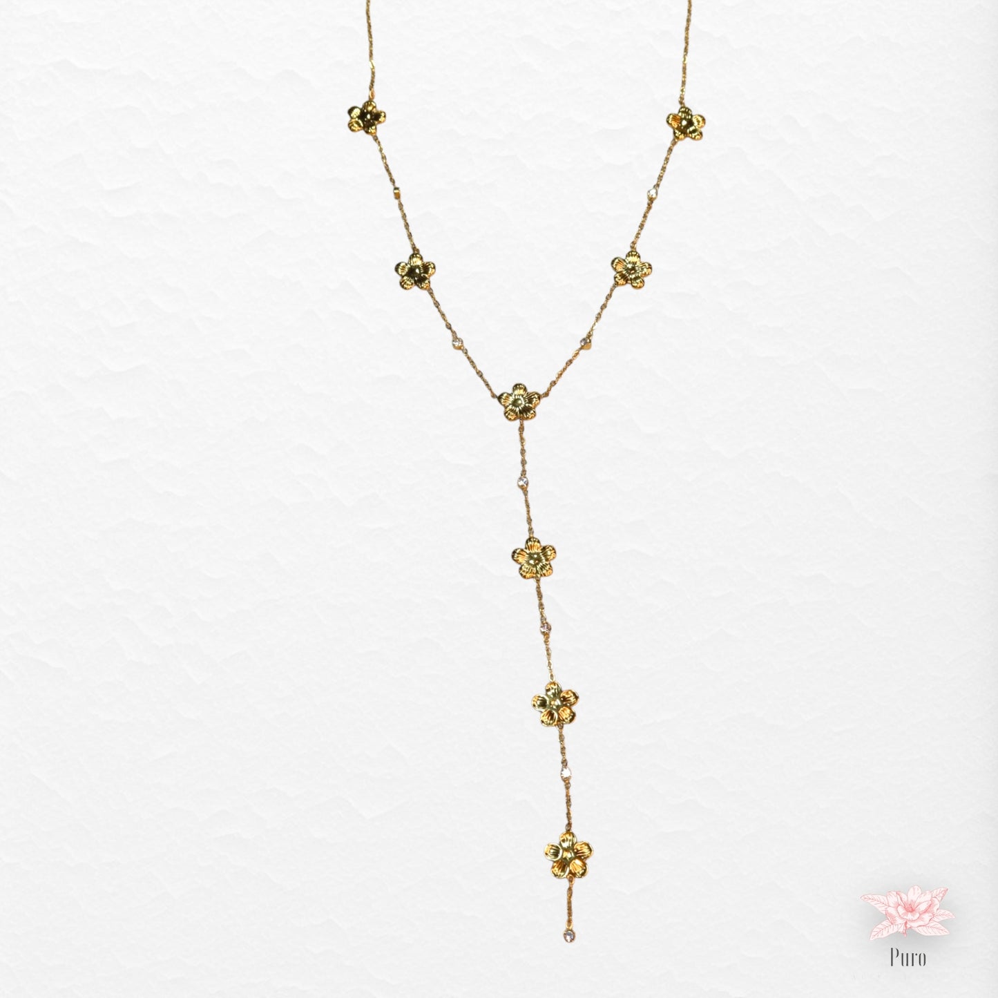 Colar Longo Dourado com Flores e Zircônias