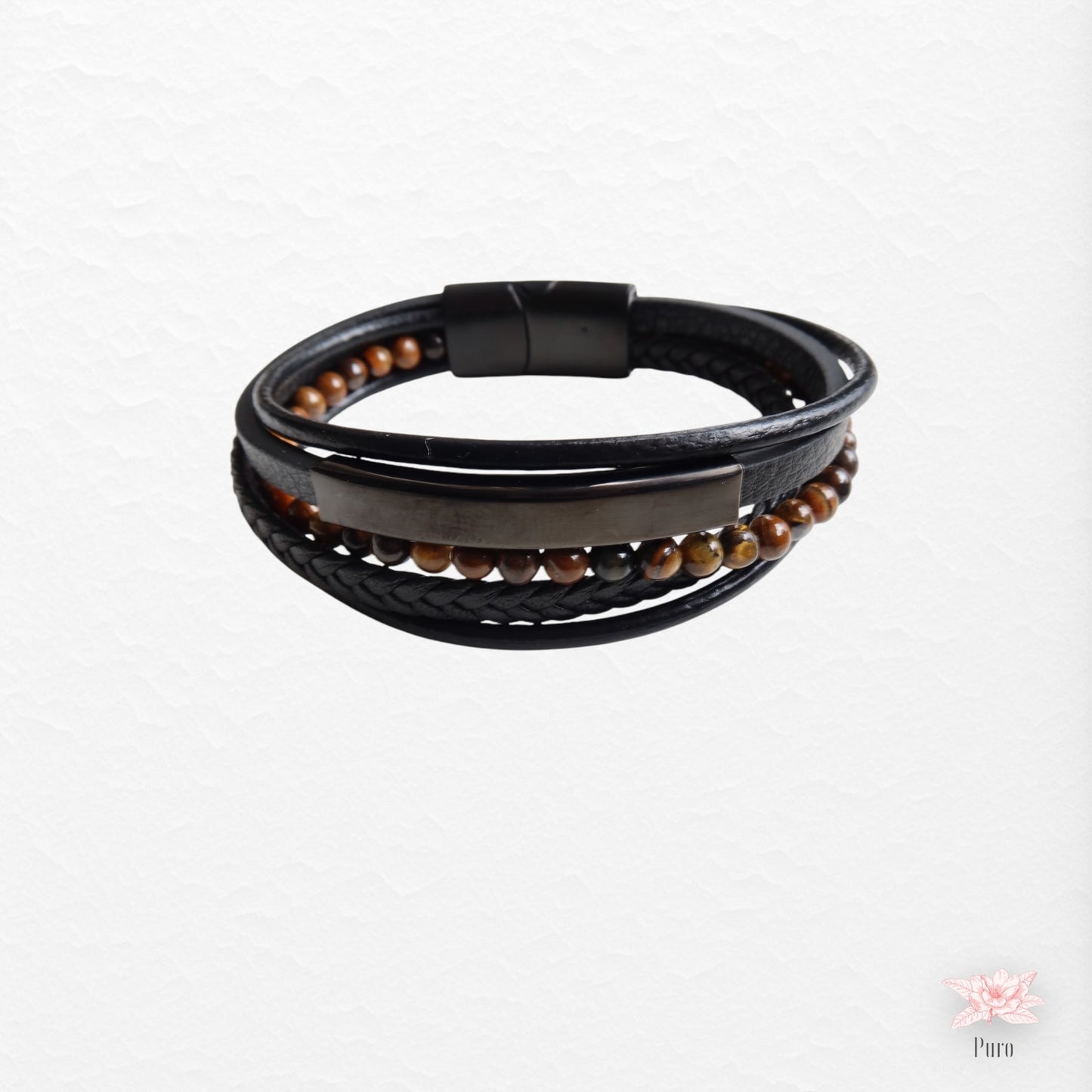 Pulseira em Couro e Pedras Olho de Tigre Tipo 1