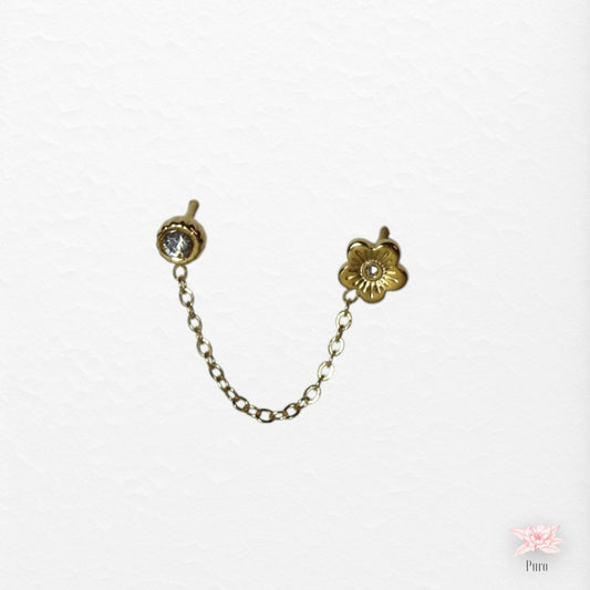Brinco Duplo Dourado com Flor e Zircônia