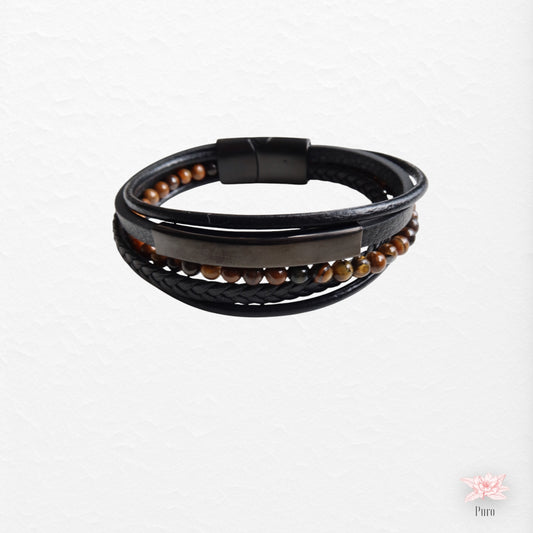 Pulseira em Couro e Pedras Olho de Tigre Tipo 1